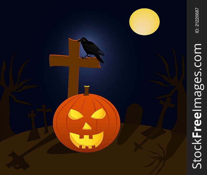 Halloween pumpkin and raven in cemetery during the full moon. Halloween pumpkin and raven in cemetery during the full moon