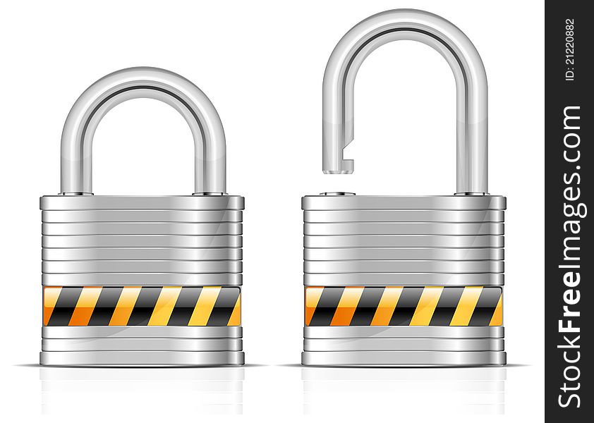 Two metal open and close padlocks on white, vector illustration. Two metal open and close padlocks on white, vector illustration