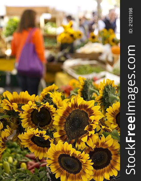 Fresh sunflowers in a street market.