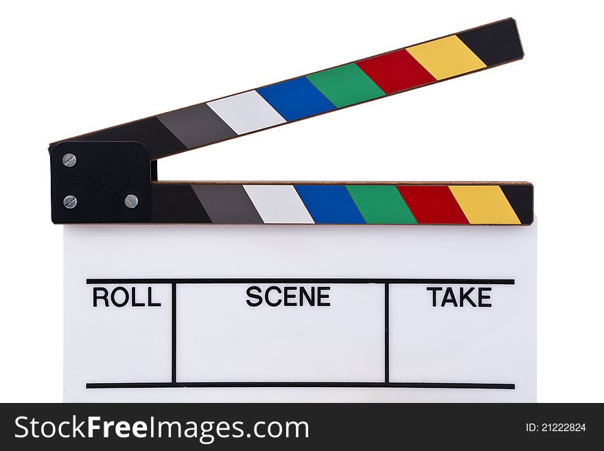 Close up frontview of a color clapperboard. Close up frontview of a color clapperboard