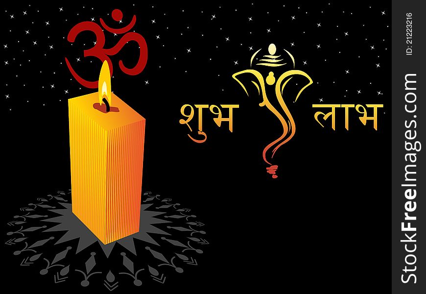 Black twinkle star, aum background with burning candle, ganpati face. Black twinkle star, aum background with burning candle, ganpati face