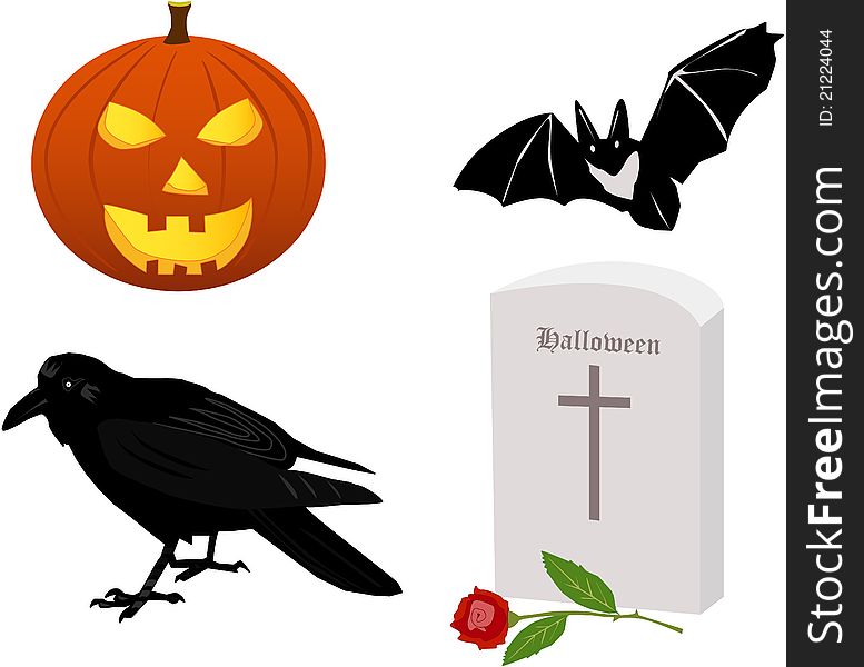 Halloween attributive - pumpkin, raven, grave and a bat. Halloween attributive - pumpkin, raven, grave and a bat