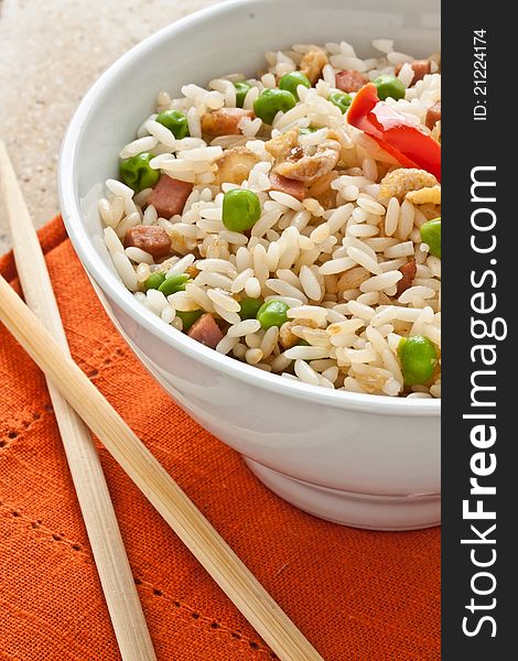 Canton chinese rice served on a white cup