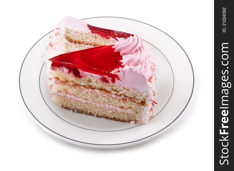 Strawberry cake on a white background.