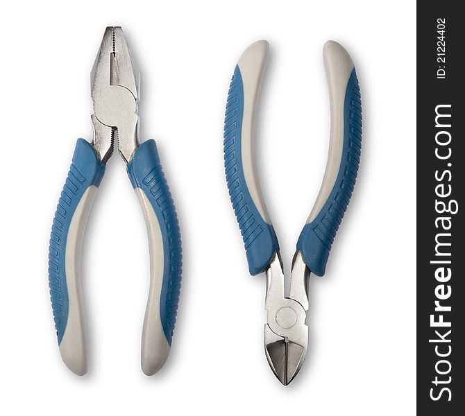 Pliers with blue knobs. On a white background.