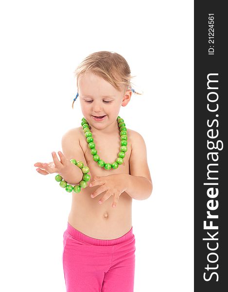 Girl with green necklace and bracelet in studio. Girl with green necklace and bracelet in studio