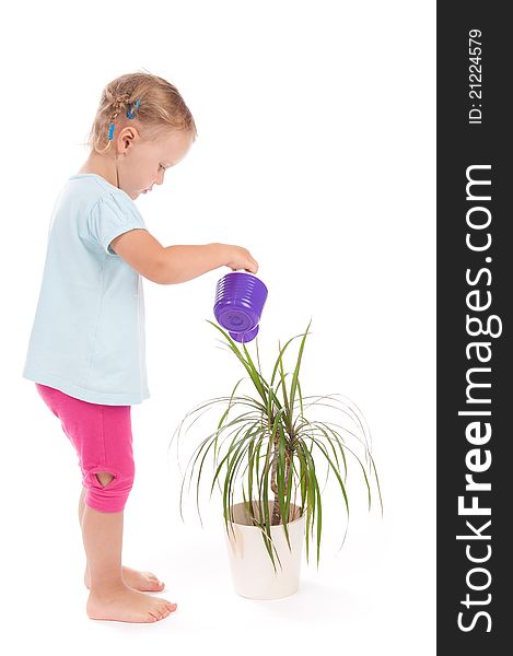 Sweet little girl watering flowers