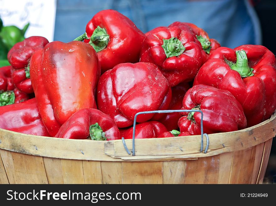 Large basket of red bell peppers. Large basket of red bell peppers