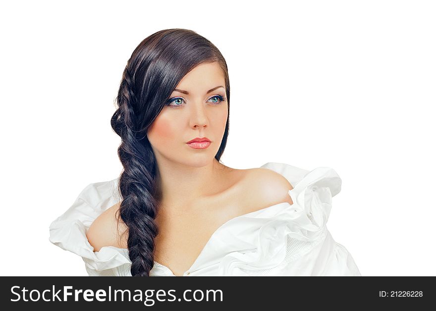 Portrait of beautiful girl with plait on white