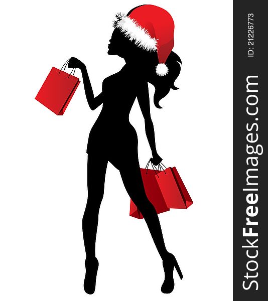 Black silhouette of young woman in Santa cap with bags