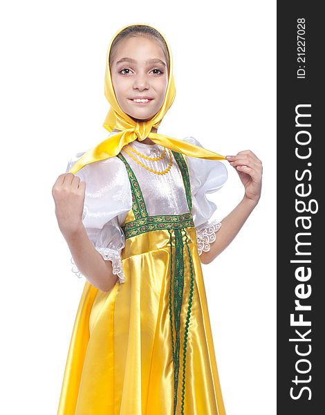 Girl wearing traditional russian dancing costume studio portrait isolated on white background. Girl wearing traditional russian dancing costume studio portrait isolated on white background