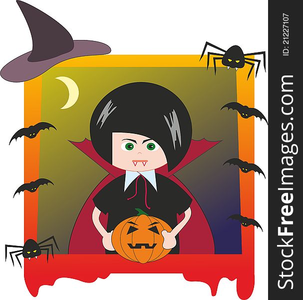 Halloween. Boy dressed as Dracula, bats, pumpkin and spiders - cartoon comic illustration