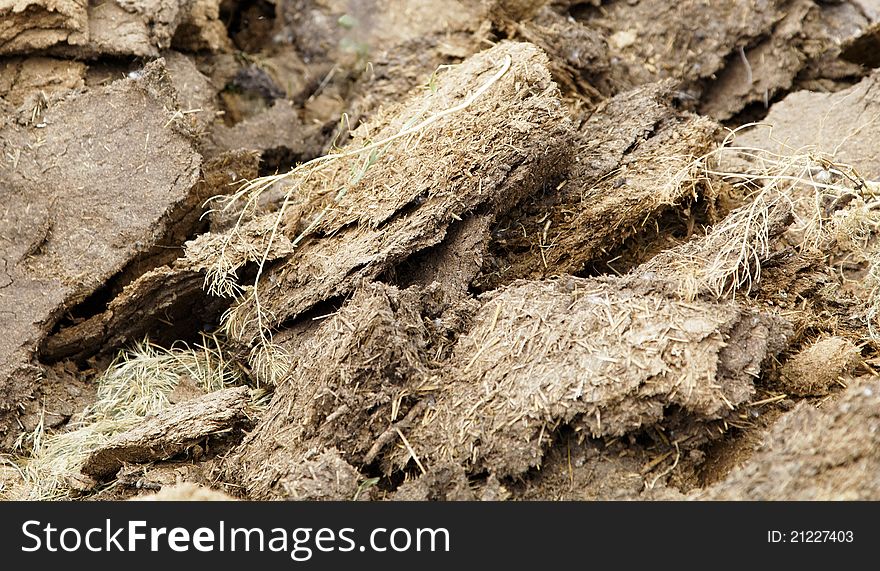 Pile of dried cow manure used as fuel, known as pads, pies or pats, stack baking in the sun use for, texture or background, landscape, horizontal, copy space and crop space. Pile of dried cow manure used as fuel, known as pads, pies or pats, stack baking in the sun use for, texture or background, landscape, horizontal, copy space and crop space