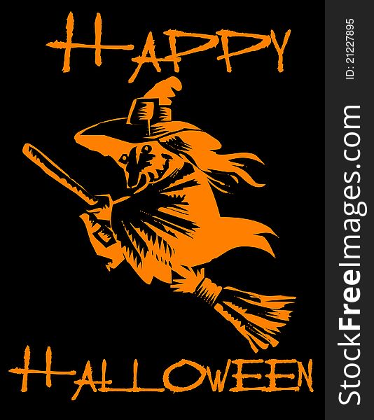 A vector image of a witch on her broom. The words say Happy Halloween. A vector image of a witch on her broom. The words say Happy Halloween