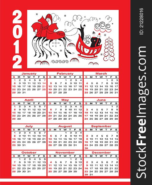 Calendar 2012 with ornament in style of Russian national tradition (Mezenskaya. Calendar 2012 with ornament in style of Russian national tradition (Mezenskaya