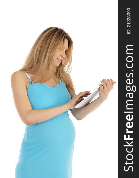 Happy pregnant woman with tablet isolated on white