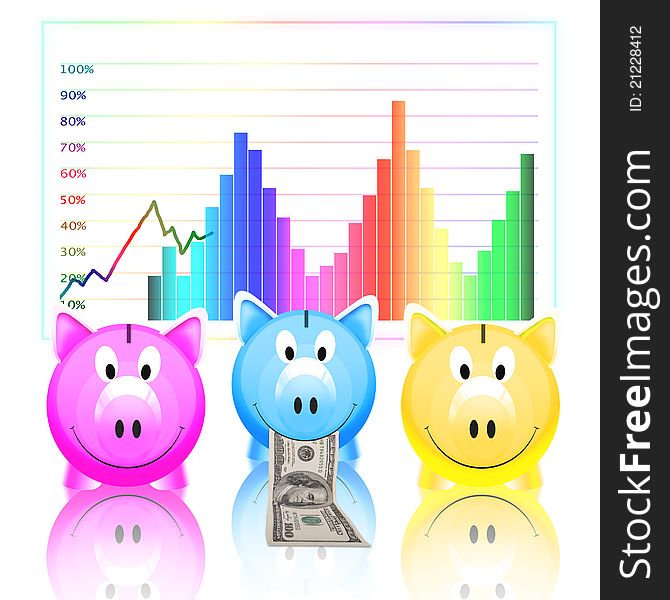 Piggy bank with money and graph. Piggy bank with money and graph