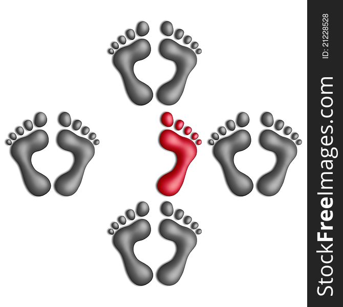 One-footed plasticine footprint among two-footed ones on a white background. One-footed plasticine footprint among two-footed ones on a white background