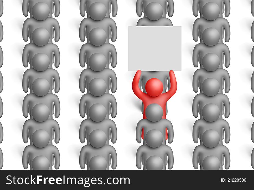 Red plasticine figure with placard among gray ones on a white background. Red plasticine figure with placard among gray ones on a white background