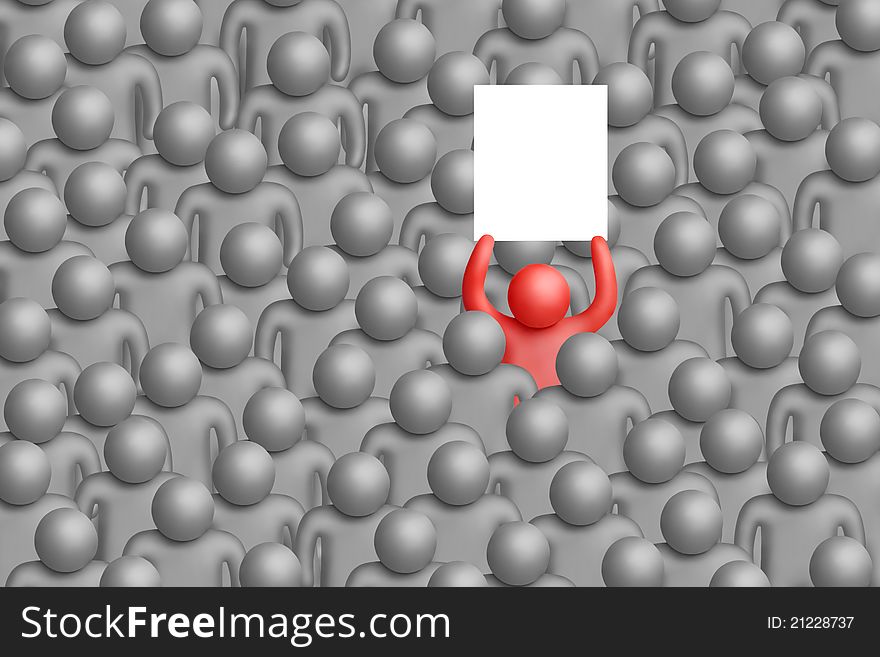 Red plasticine figure with placard among gray ones on a white background. Red plasticine figure with placard among gray ones on a white background