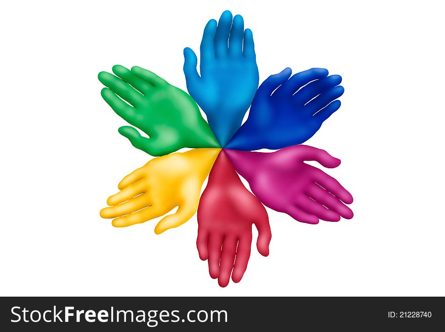 Multicolored plasticine hands on a white background. Multicolored plasticine hands on a white background