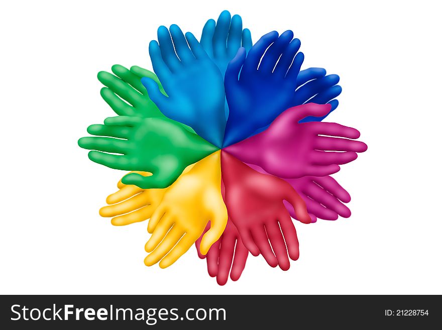 Multicolored plasticine hands on a white background. Multicolored plasticine hands on a white background