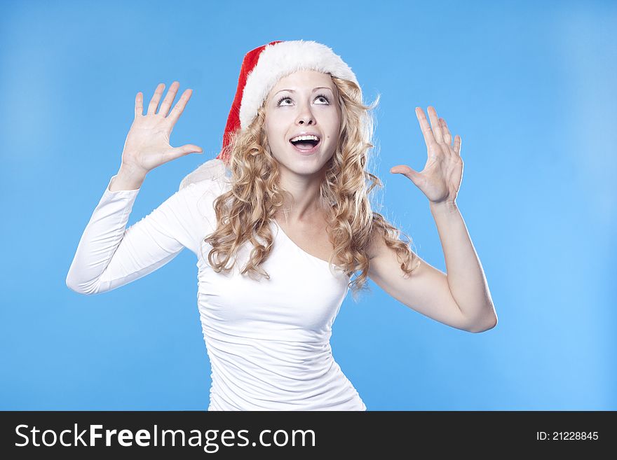 Emotional blond pretty Santa girl. Emotional blond pretty Santa girl