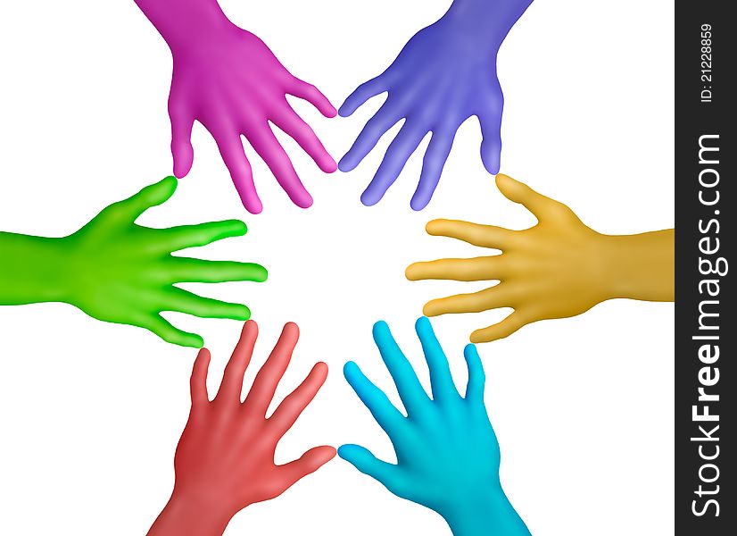 Multicolored plasticine hands on a white background. Multicolored plasticine hands on a white background