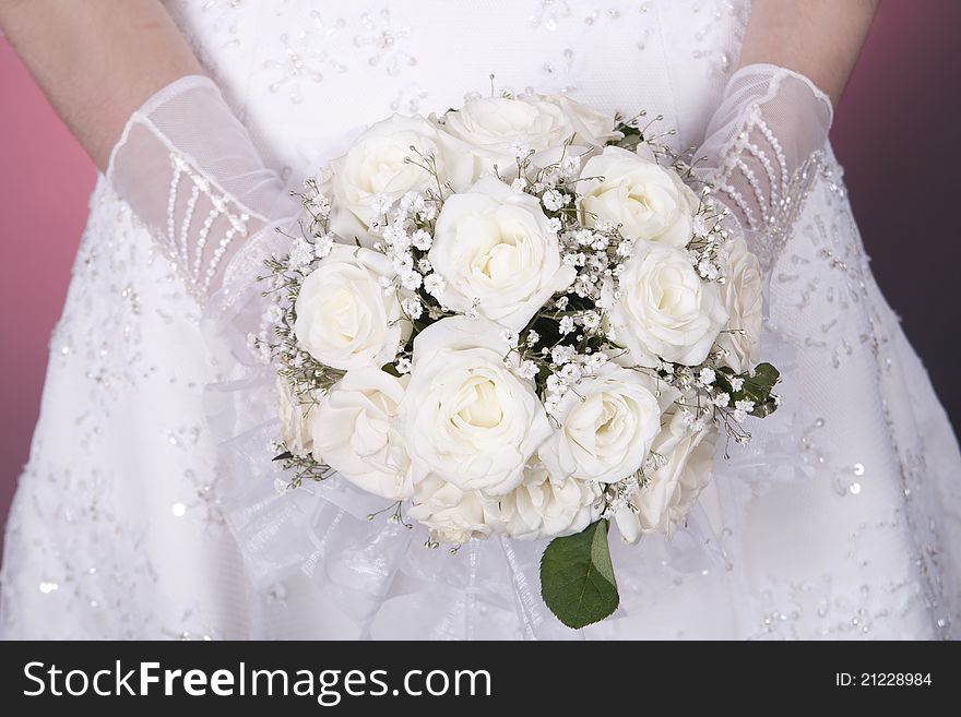 Bride holding wedding bouquet wedding dress near. Bride holding wedding bouquet wedding dress near