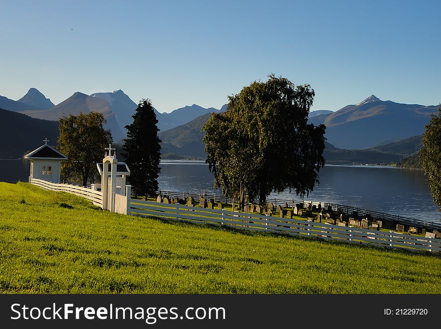 Nice cemetery in Norway by lake