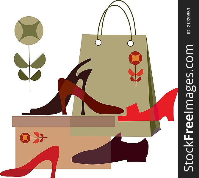Shoe shopping, shopping bag and different shoes, vector