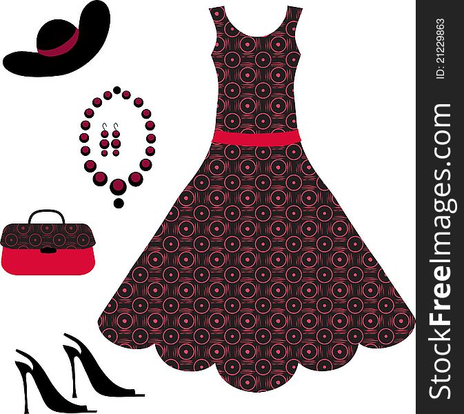 Romantic dress, necklace, shoe and handbag