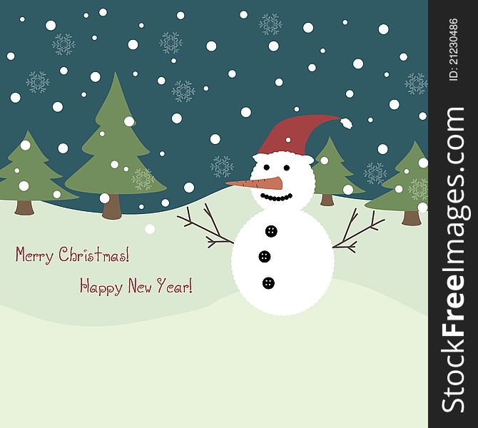 Christmas card with snowman for text