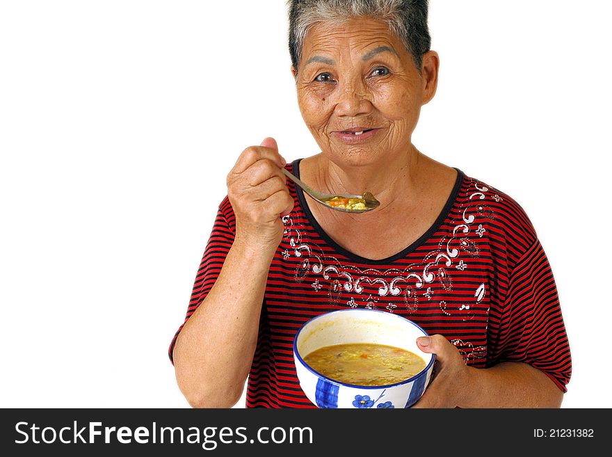 Happy old Woman who Eat beef curry Gruel. Happy old Woman who Eat beef curry Gruel