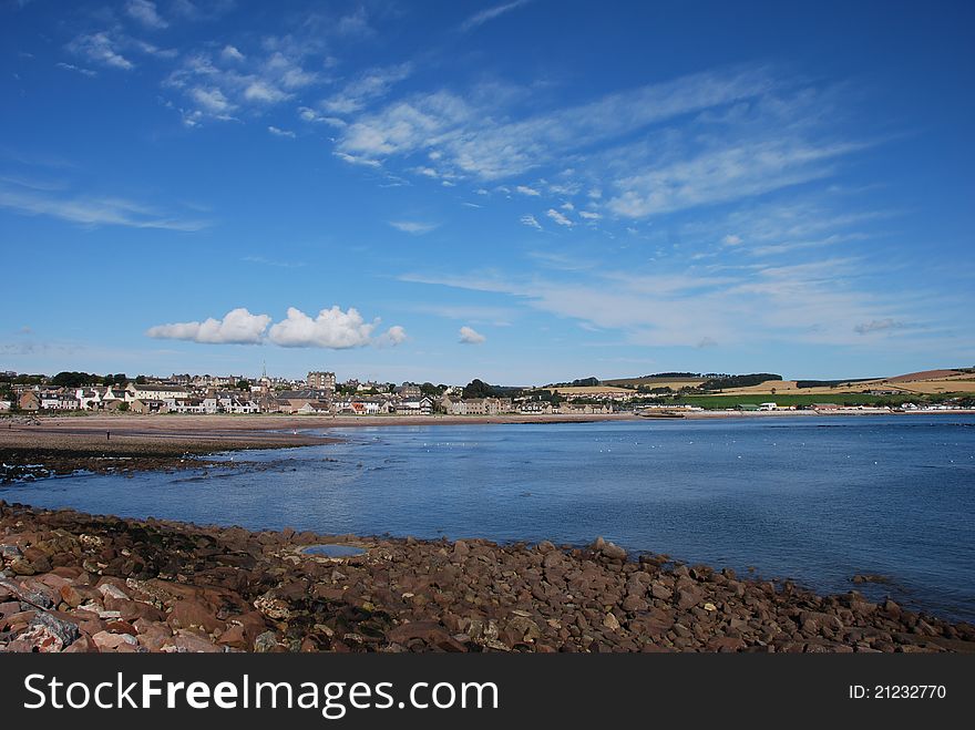 A view across the wide sandy bay at Stonehaven in Scotland. A view across the wide sandy bay at Stonehaven in Scotland
