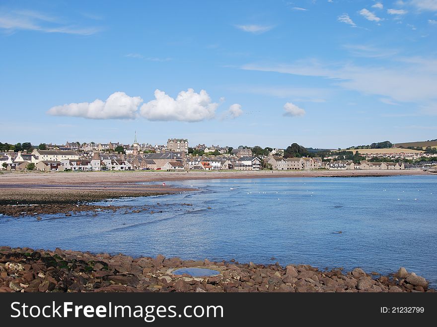 A view across the wide sandy bay at Stonehaven in Scotland. A view across the wide sandy bay at Stonehaven in Scotland