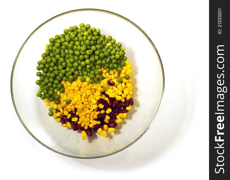 Corn beans and peas in glass bowl. Healthy meal concept. Corn beans and peas in glass bowl. Healthy meal concept.