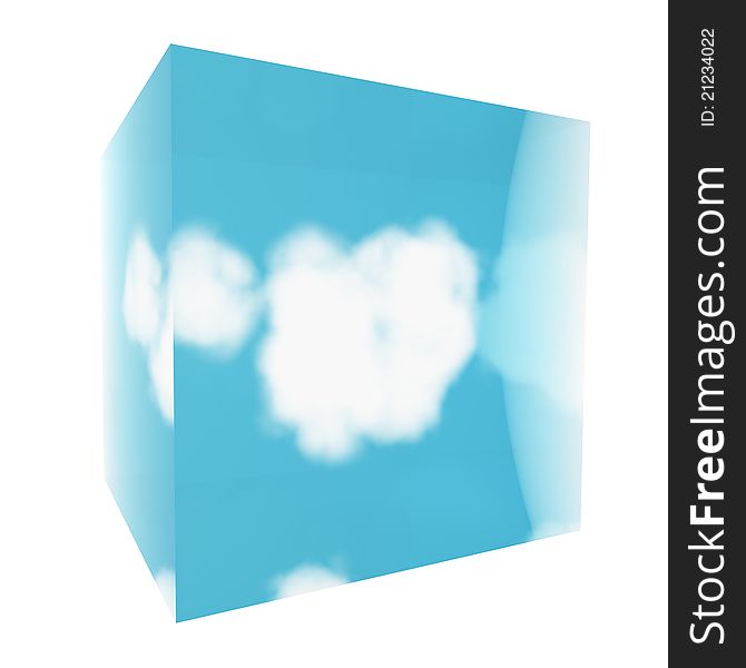 3D Illustration of cloud in glass sunny cube. 3D Illustration of cloud in glass sunny cube