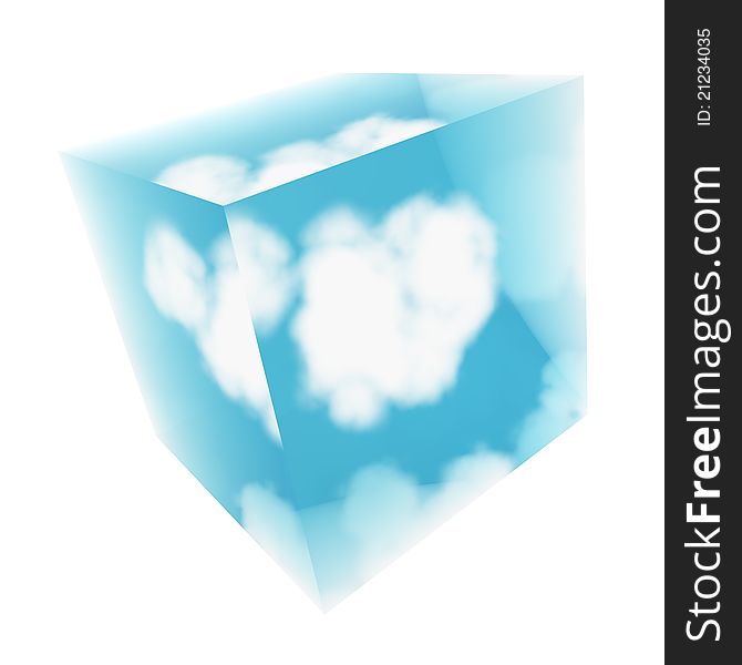 3D Illustration of cloud in glass sunny cube. 3D Illustration of cloud in glass sunny cube