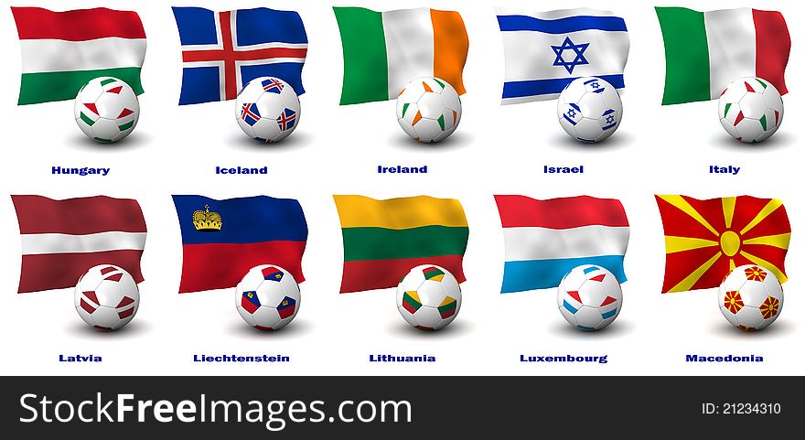 Three dimensional render of ten of Europe's best Football Nations. 3 of 5 in this series. Three dimensional render of ten of Europe's best Football Nations. 3 of 5 in this series.