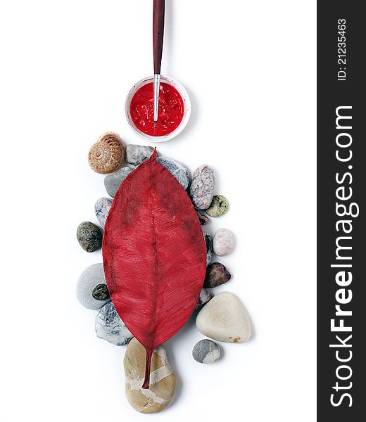 Stones, Red Leaf And Brush