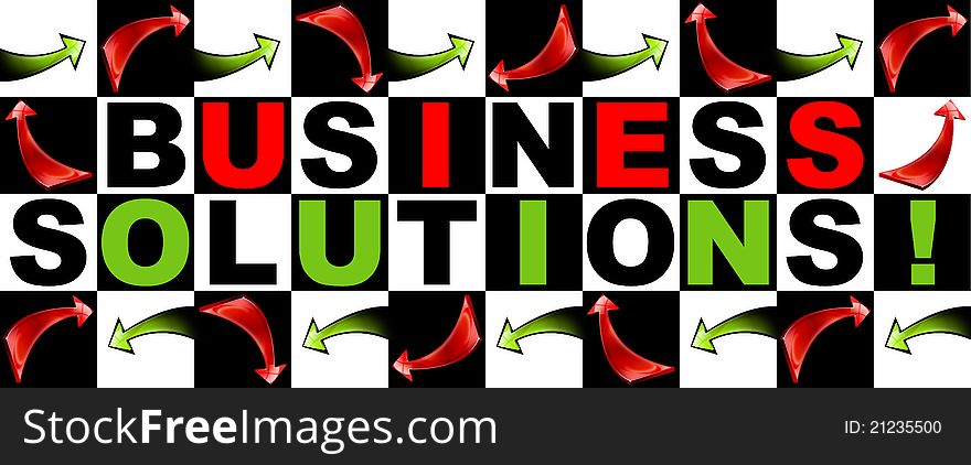 Chessboard with a written business solutions! Red and green arrows. Chessboard with a written business solutions! Red and green arrows