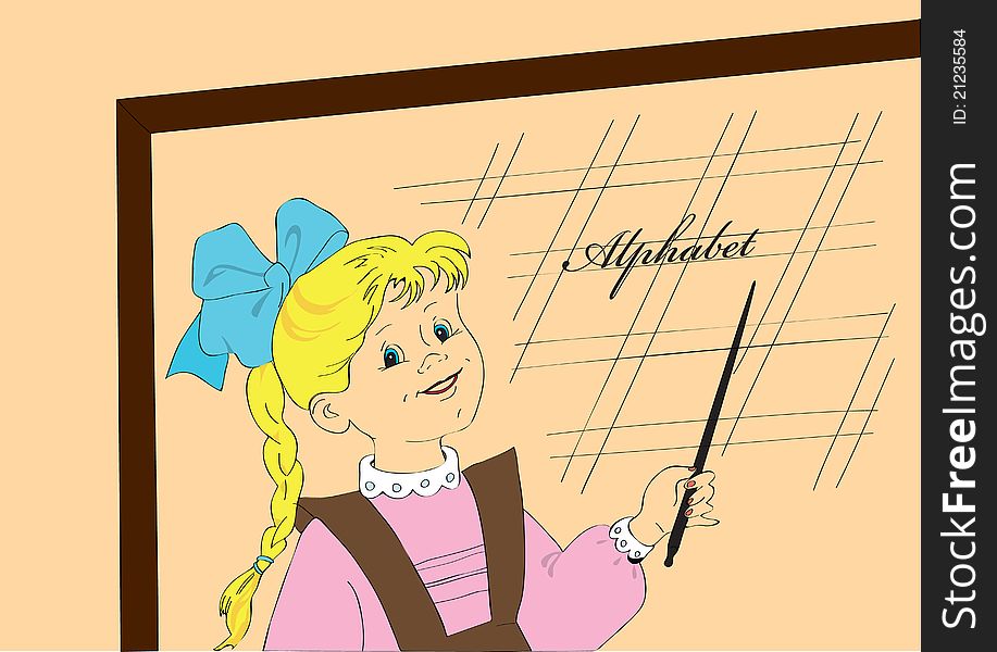 The Schoolgirl With A Bow At School About A Board.