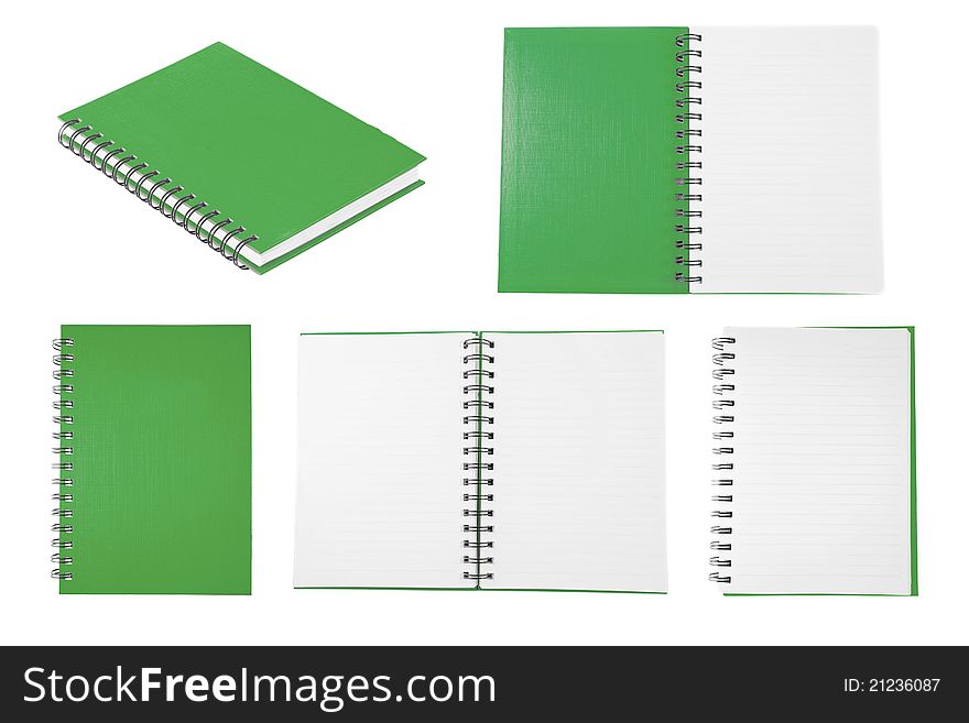 Green notebook collection isolated on white background