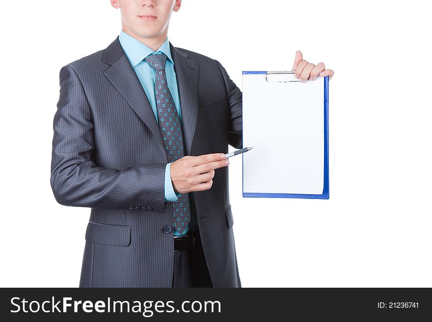 Businessman holding blank white board point finger. Businessman holding blank white board point finger