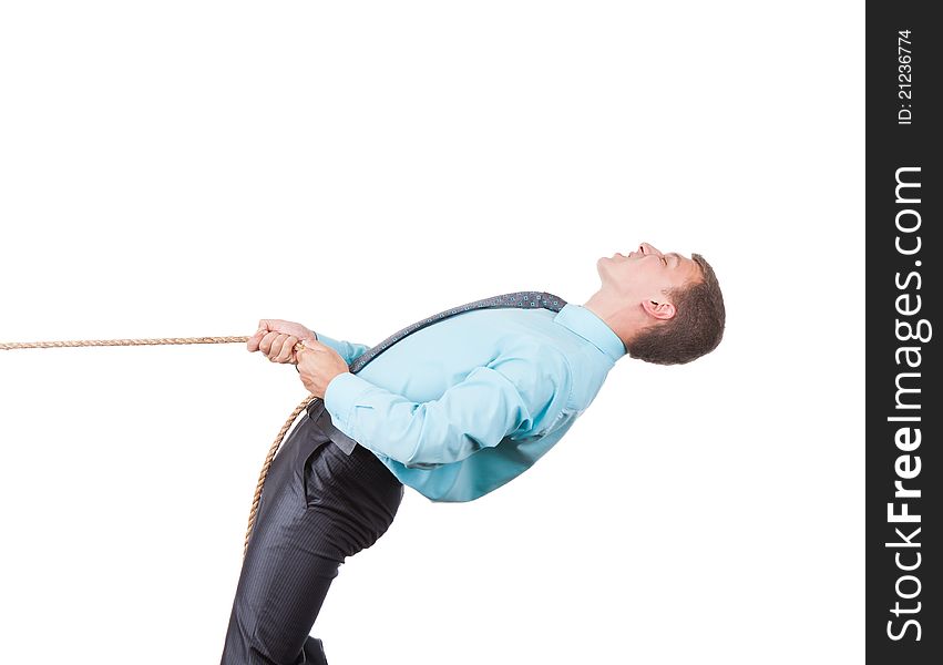 Businessman pulling a rope isolated on white. Businessman pulling a rope isolated on white