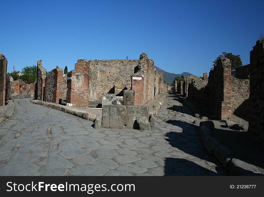 Ruins at Pompeii, Italy, Europe. The city was destroyed by the eruption of the vulcano Vesuvius.