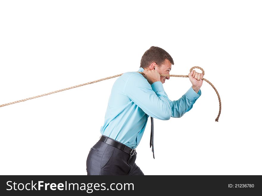 Businessman pulling a rope isolated on white. Businessman pulling a rope isolated on white