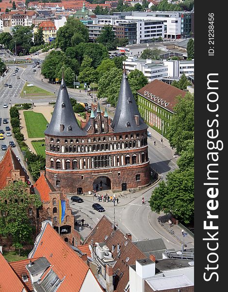 The Holsten Gate in Luebeck. View from above.