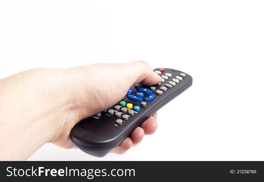 Remote control in men hand, isolated on white